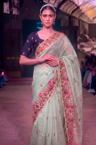 Women's kota tissue saree elegant threadwork & zari border detail