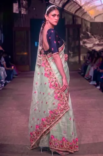 Women's kota tissue saree elegant threadwork & zari border detail