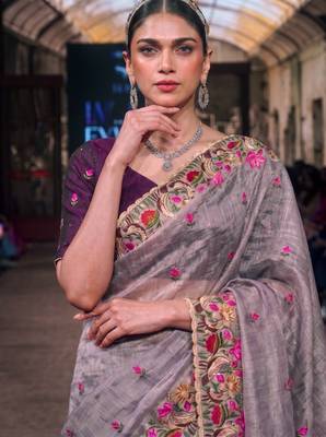 Women's kota tissue saree elegant threadwork & zari border detail 2