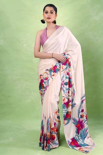 Women's satin silk saree with vibrant digital prints & elegant fluid drape