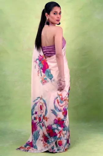 Women's satin silk saree with vibrant digital prints & elegant fluid drape