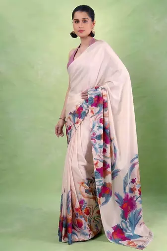 Women's satin silk saree with vibrant digital prints & elegant fluid drape
