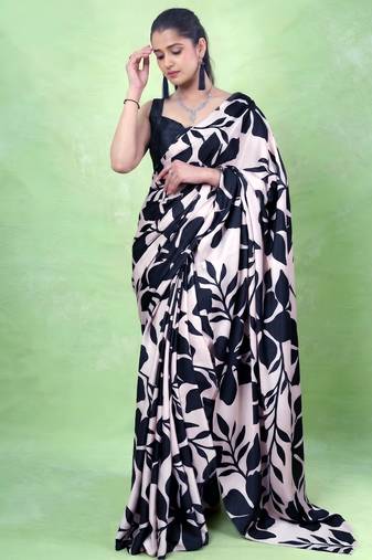 Women's satin silk saree with vibrant digital prints & elegant fluid drape