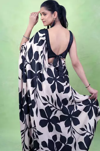 Women's satin silk saree with vibrant digital prints & elegant fluid drape