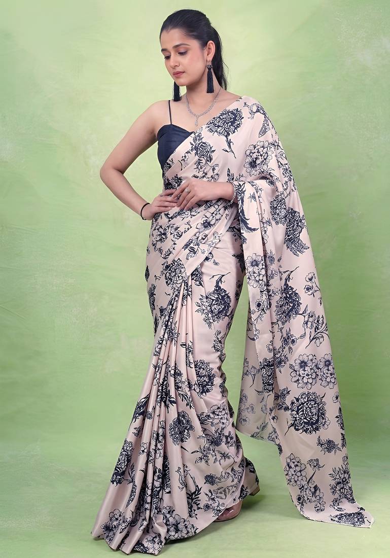 Women's satin silk saree with vibrant digital prints & elegant fluid drape