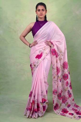 Women's satin silk saree with vibrant digital prints & elegant fluid drape