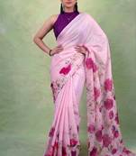 Women's satin silk saree with vibrant digital prints & elegant fluid drape