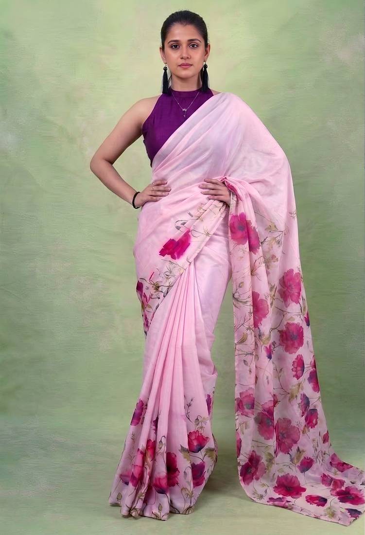 Women's satin silk saree with vibrant digital prints & elegant fluid drape