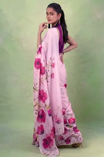 Women's satin silk saree with vibrant digital prints & elegant fluid drape