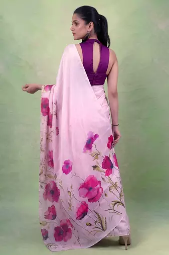 Women's satin silk saree with vibrant digital prints & elegant fluid drape