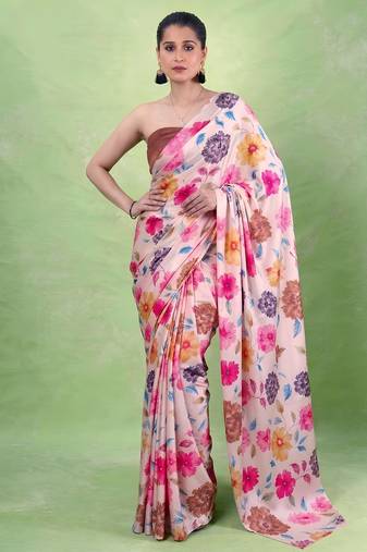 Women's satin silk saree with vibrant digital prints & elegant fluid drape