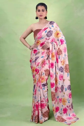 Women's satin silk saree with vibrant digital prints & elegant fluid drape