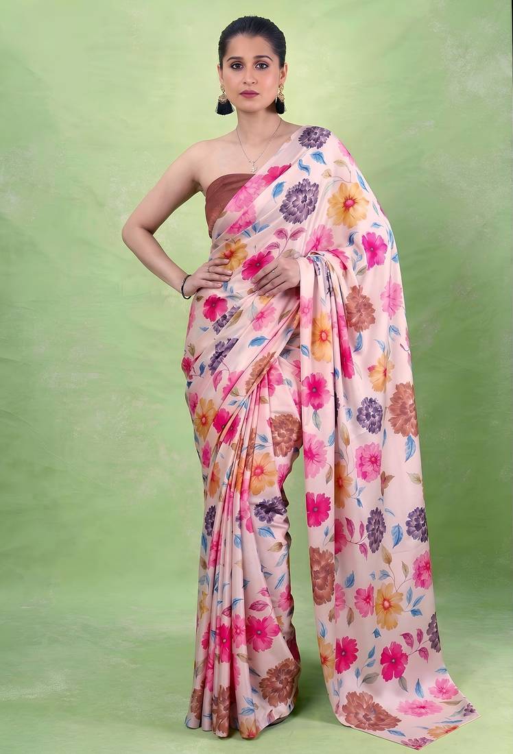 Women's satin silk saree with vibrant digital prints & elegant fluid drape