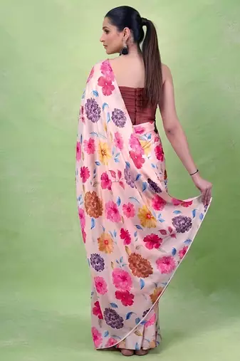 Women's satin silk saree with vibrant digital prints & elegant fluid drape