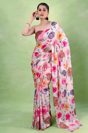 Women's satin silk saree with vibrant digital prints & elegant fluid drape