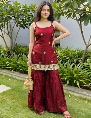 Women    s rose gold fendy silk sharara suit with mirror work | fully stitched ethnic set with dupatta 1