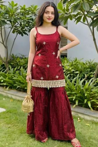 Women’s rose gold fendy silk sharara suit with mirror work | fully stitched ethnic set with dupatta