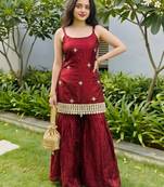 Women’s rose gold fendy silk sharara suit with mirror work | fully stitched ethnic set with dupatta