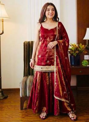 Women    s rose gold fendy silk sharara suit with mirror work | fully stitched ethnic set with dupatta 2