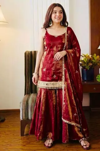 Women    s rose gold fendy silk sharara suit with mirror work | fully stitched ethnic set with dupatta