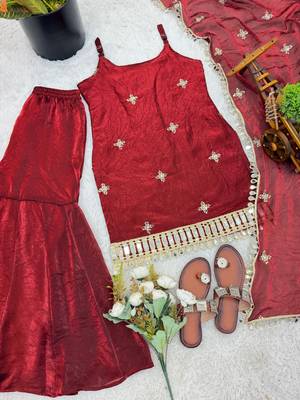 Women    s rose gold fendy silk sharara suit with mirror work | fully stitched ethnic set with dupatta 3