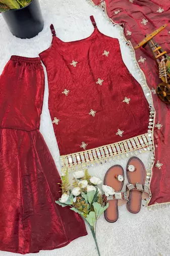 Women    s rose gold fendy silk sharara suit with mirror work | fully stitched ethnic set with dupatta