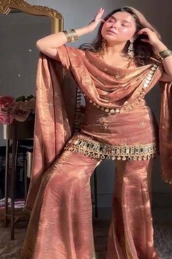 rose gold fendy silk sharara suit with mirror work fully stitched ethnic set with dupatta