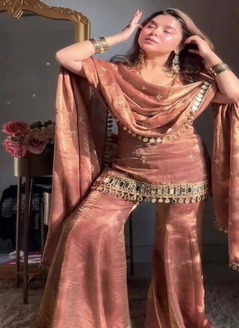 rose gold fendy silk sharara suit with mirror work fully stitched ethnic set with dupatta