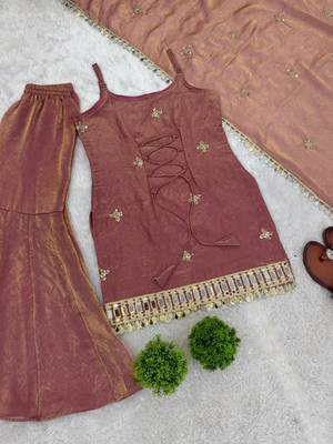 rose gold fendy silk sharara suit with mirror work fully stitched ethnic set with dupatta 2