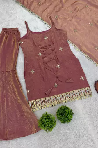 rose gold fendy silk sharara suit with mirror work fully stitched ethnic set with dupatta
