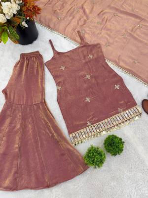 rose gold fendy silk sharara suit with mirror work fully stitched ethnic set with dupatta 3