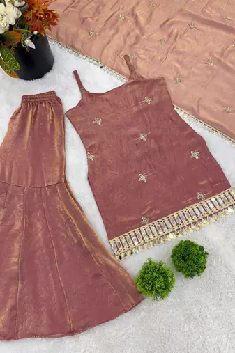 rose gold fendy silk sharara suit with mirror work fully stitched ethnic set with dupatta