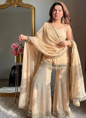 rose gold fendy silk sharara suit with mirror work fully stitched ethnic set with dupatta 1