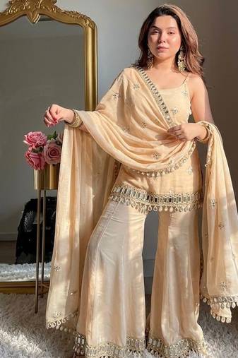 rose gold fendy silk sharara suit with mirror work fully stitched ethnic set with dupatta