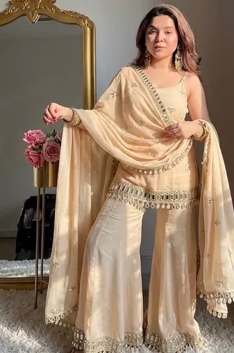 rose gold fendy silk sharara suit with mirror work fully stitched ethnic set with dupatta