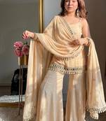 rose gold fendy silk sharara suit with mirror work fully stitched ethnic set with dupatta