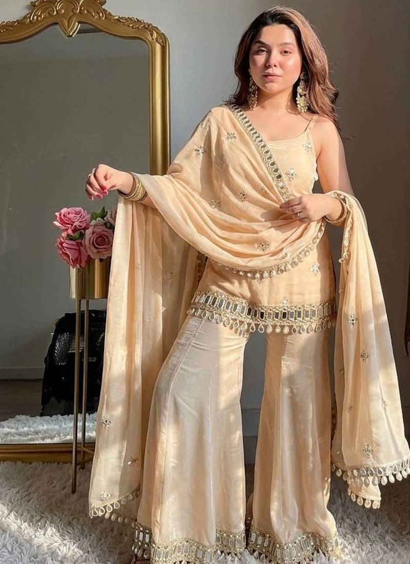 rose gold fendy silk sharara suit with mirror work fully stitched ethnic set with dupatta