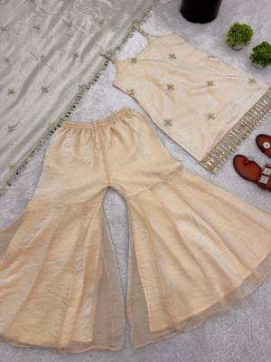 rose gold fendy silk sharara suit with mirror work fully stitched ethnic set with dupatta 2