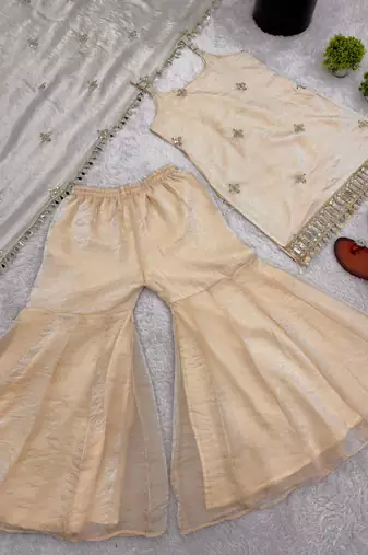 rose gold fendy silk sharara suit with mirror work fully stitched ethnic set with dupatta