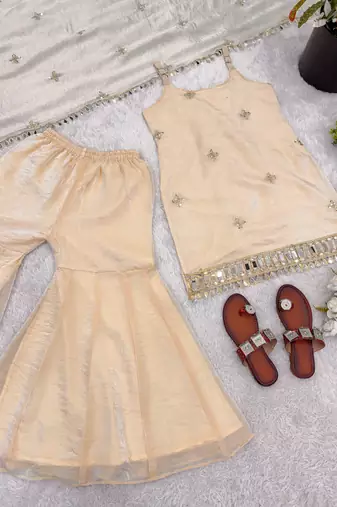 rose gold fendy silk sharara suit with mirror work fully stitched ethnic set with dupatta