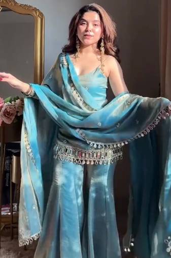 rose gold fendy silk sharara suit with mirror work fully stitched ethnic set with dupatta