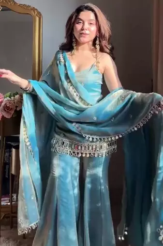 rose gold fendy silk sharara suit with mirror work fully stitched ethnic set with dupatta