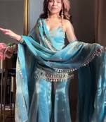rose gold fendy silk sharara suit with mirror work fully stitched ethnic set with dupatta