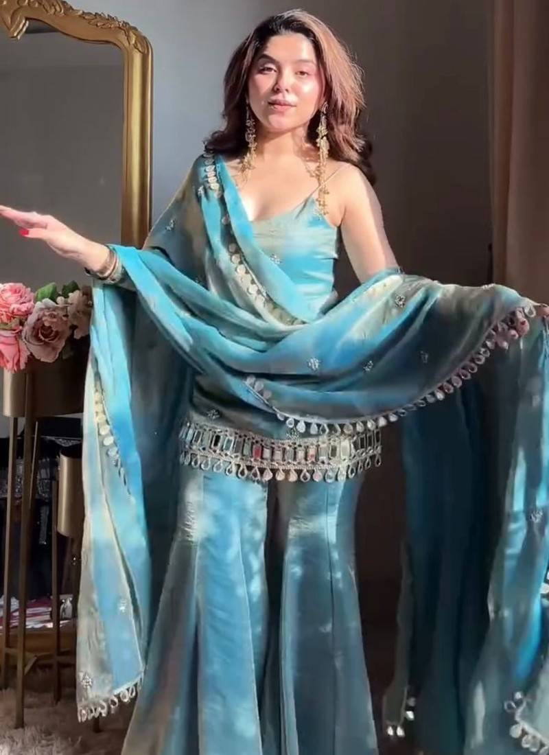 rose gold fendy silk sharara suit with mirror work fully stitched ethnic set with dupatta