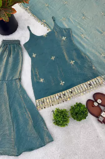rose gold fendy silk sharara suit with mirror work fully stitched ethnic set with dupatta