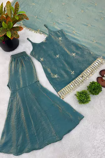 rose gold fendy silk sharara suit with mirror work fully stitched ethnic set with dupatta