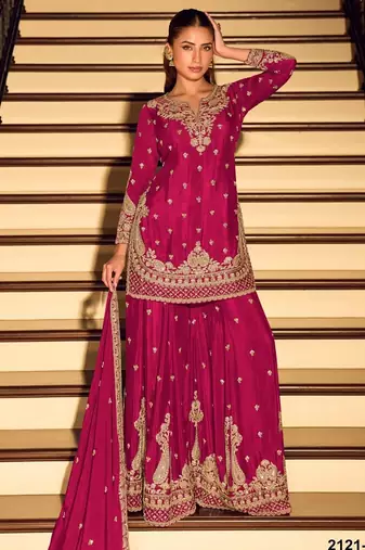 Rose pink chinon silk full stitched free size palazzo suits upto 42