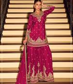 Rose pink chinon silk full stitched free size palazzo suits upto 42