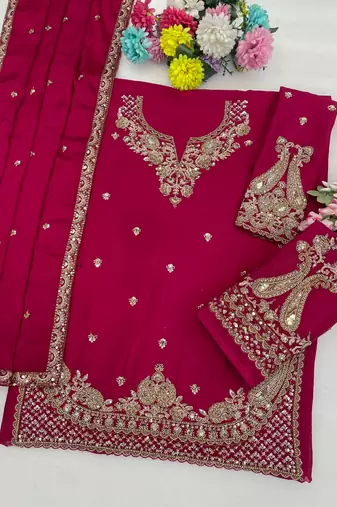 Rose pink chinon silk full stitched free size palazzo suits upto 42
