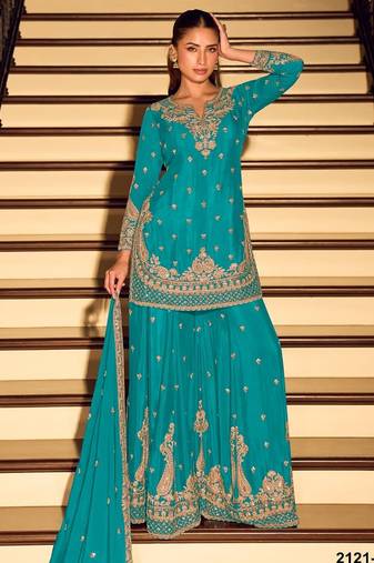 Blue chinon silk full stitched free size palazzo suits upto 42